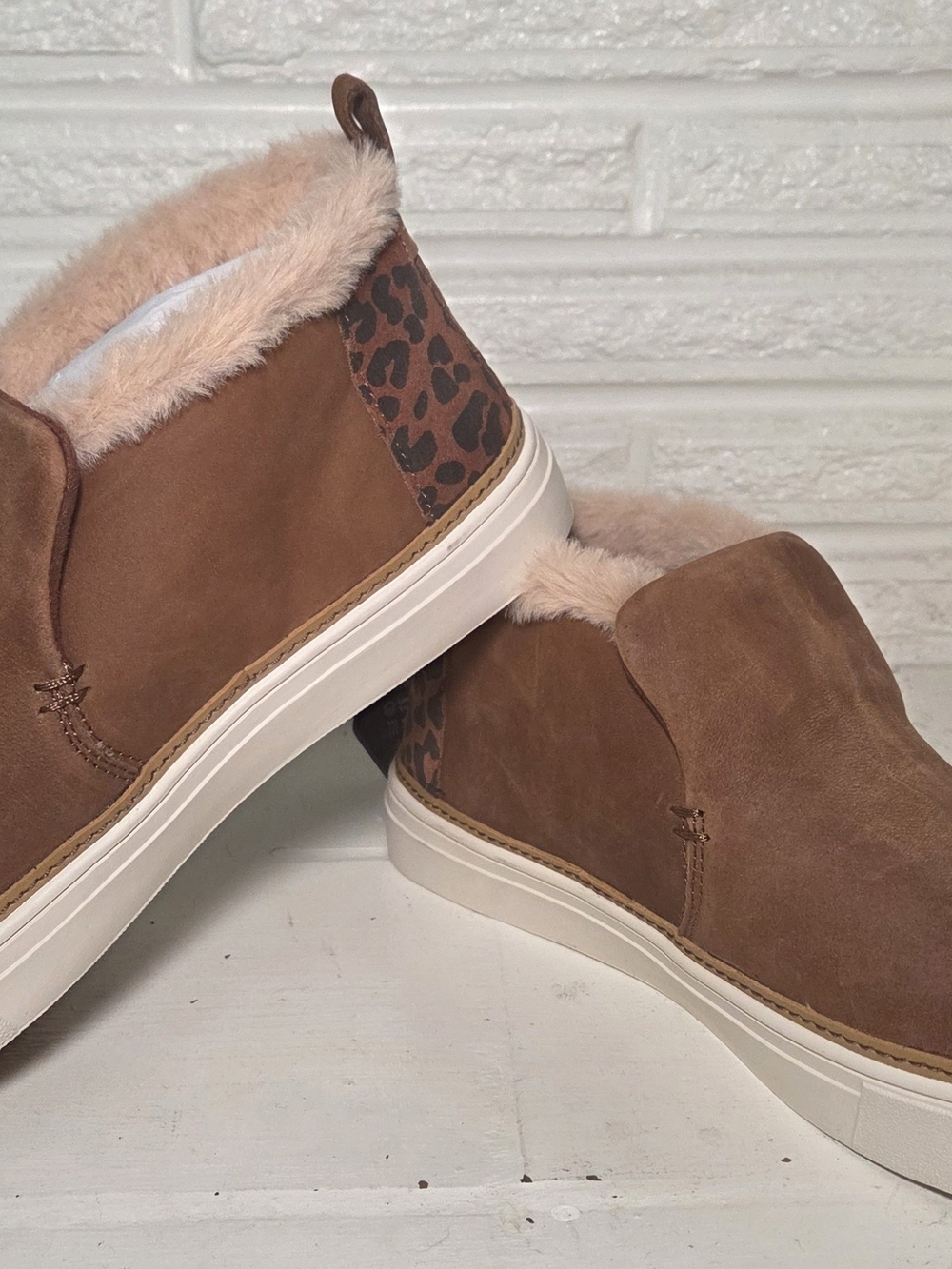 Toms Brown Suede Faux-Fur Lined Slip-On Booties with Leopard Heel